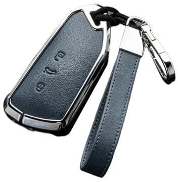 OTMIK Porte-clés de voiture en cuir véritable et alliage de zinc Compatible avec VW Volkswagen Golf 8 Golf 8 ID.3 ID.4 Porte-clés de voiture à distance (Bleu + Argenté)