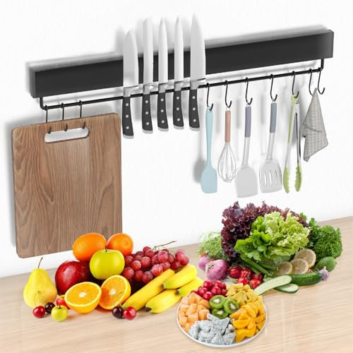 iHomara Barra Magnetica per Coltelli, Barra Magnetica per Coltelli da 43 cm con 10 Ganci, Nastro e Viti Inclusi Per Cucina, Soggiorno e Ripostiglio