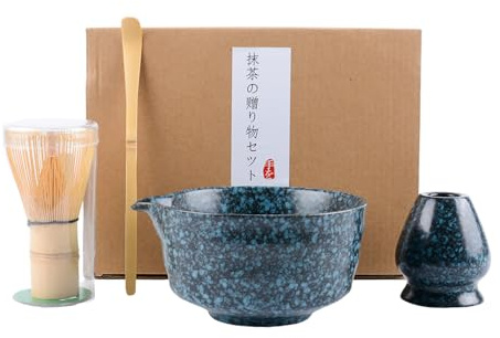 4Pcs Matcha Whisk Set, Matcha Tea Set, Elegant Matcha Set Includes Matcha Bowl with Spout and Whisk, Matcha Whisk Stand, Bamboo Matcha Whisks and Spoon (Blue,Black)