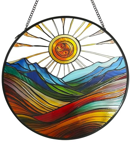 ZZHAOYI Sun Mountains Stained Glass Window Hanging, 7.9'' Sun Catchers Indoor Window Boho Wall Art Decor with Chain, Hand Painted Sun Catcher Gifts for Couples, Women