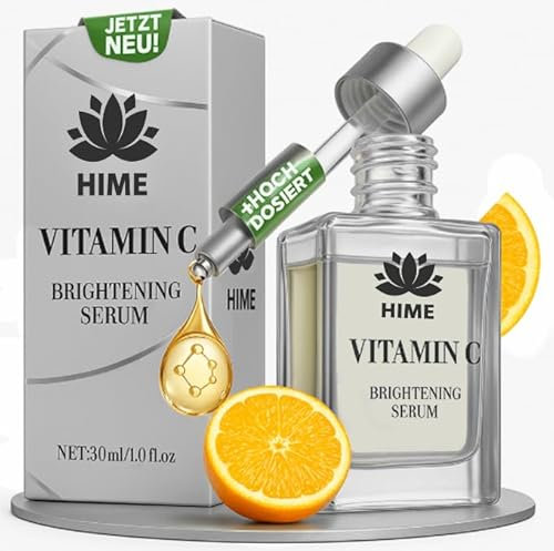 Vitamin C Serum, Anti-Aging-Formel mit Ferulasäure, Aloe Vera & Hyaluronsäure | Faltenreduktion, Feuchtigkeits-Booster für empfindliche Haut– ohne Zusatzstoffe, 15% VIT C, Bio | Hime®