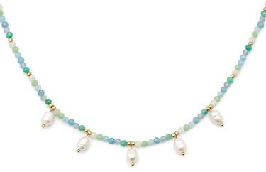SINGULARU - Collier Crystal Blue Pearls. Acier avec Plaqué or 18 carats et Cristal, perle de culture, pierre naturelle. Bijoux pour Femme.