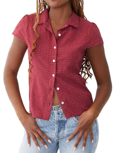 Womens Short Sleeve Button Up Shirts Y2k Slim Fit Lapel Collar Pleated Business Blouses Casual Basic Solid Office Shirt