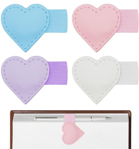 4 magnetische Lesezeichen aus Leder in Rosa, Lila, Weiß und Blau, niedliche herzförmige, starke Magnetverschlüsse für Bücher, multifunktionales Geschenk für Leseratten, Frauen und Studentinnen