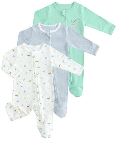 JiAmy Baby Schlafanzug Strampler 3er Pack Baumwolle, Unisex Baby Overall mit Reißverschluss, Fußteil und umklappbaren Fäustlingen für Neugeborene to 12Monate