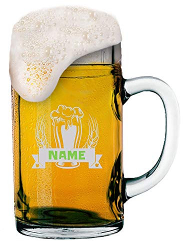 Anbobo Gravierter Maßkrug 1,0 l mit Logo (Bier) und Wunsch-Namen und Logo-Gravur 1 Liter Bierkrug mit persönlicher Gestaltung nach Ihren Vorgaben
