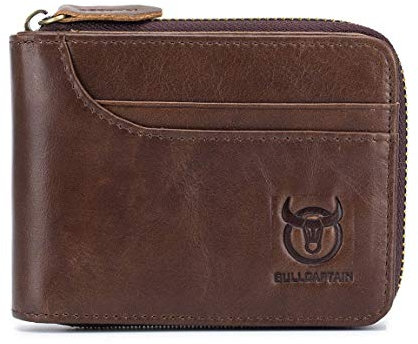 Leder Geldbörse Herren, klein Brieftasche,Geldbeutel mit Münzfach Querformat Portemonnaie mit Kette Handtasche viele Fächer Kreditkartenhülle etui Reissverschluss Braun