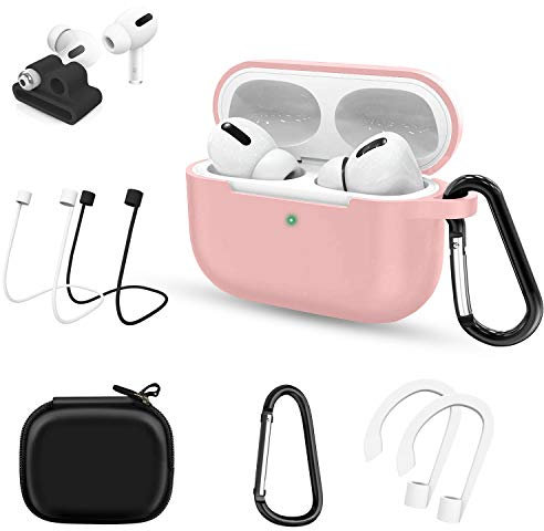 AUNEK AirPods Pro Case 7 in 1, Visible Front LED Shockproof Wireless Charging Soft Silicone Protective Cover with Anti-lost Strap, Ear Hook, iWatch Band Holder, Storage Bag, Carabiner – Pink