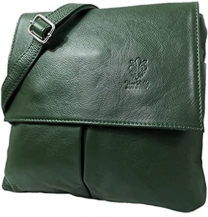 LeahWard Womens Double Pocket Messenger Bag Genuine Italian Soft Leather Cross Body Shoulder Bag Handbag (Dark Green)