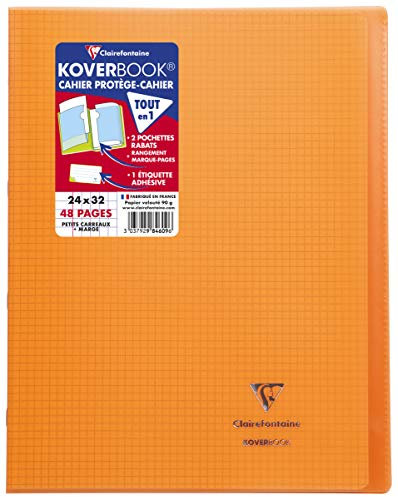 Clairefontaine 984609C Un Cahier Agrafé Koverbook Orange - 24x32 cm - 48 Pages Petits Carreaux avec Marge - Papier Blanc 90 g - Couverture Polypro