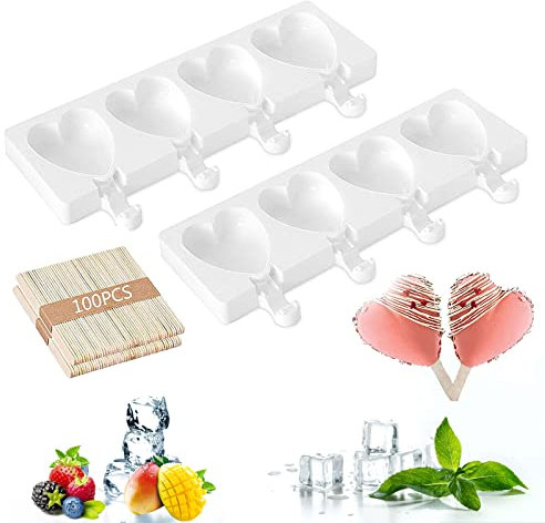 Eisformen Silikon, 2 Stück Eisformen, 8 Zellen Eisformen Gebäckform Silikon, BPA Frei, Popsicle Molds Set, Silikon Eis am Stiel mit 100 Holzstielen für Kinder Erwachsene