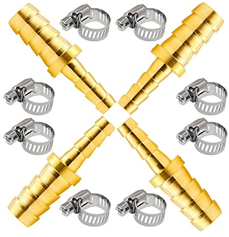 beduan Brass Hose Barb Reducer, 5/8 To 1/2 Barbed Hose Id Mender Union Air Water Fuel Reducer Barb Mount Splicer With 8 Hose Clamp (4 Pack)
