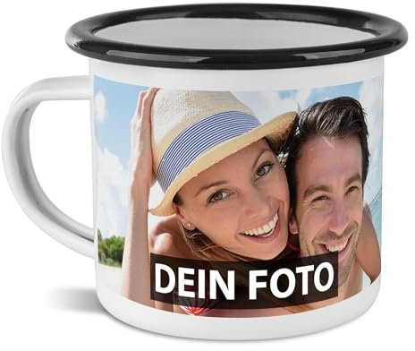 PR Print Royal Tasse mit Foto und Text selbst gestalten - Wunschtext, Wunschfoto, Geburtstag, Weihnachten - Emaille Rand Schwarz, 480 ml I Personalisiert