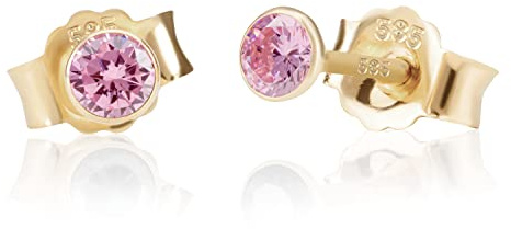 NKlaus Paar 3,0mm 585 Gelb Gold 14 Karat Ohrstecker Kristall Zirkonia Pink Butterfly Verschluss Damen Mädchen 11013