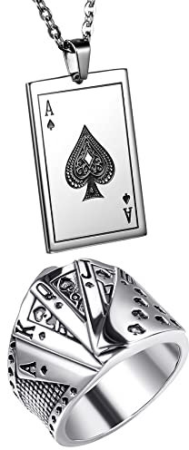 Flongo Herren Kette Ring Set Halskette mit Poker Anhänger Siegelring Bandring Männer Schmuckset mit Pik-Ass Spielkarte Royal Flush Poker Karten Silber Größe 59