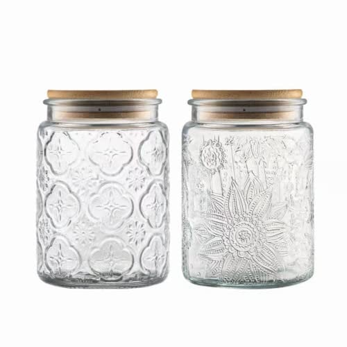 ANSQU Vintage Glass Jars Set Canister Airtight Storage Jar Container with Bamboo Wooden Lids for Kitchen Counter, Pantry, Coffee, Tea, Sugar, Cute Jar, 2 Pack 700ml
