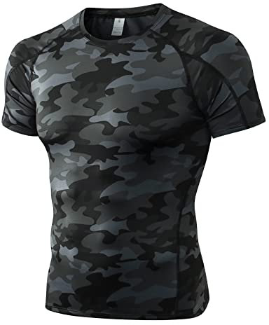 Camiseta de Compresión para Hombre Camisa Deportiva de Manga Corta Secado Rápido para Ejercicio Correr Gimnasio Negro Camuflaje L