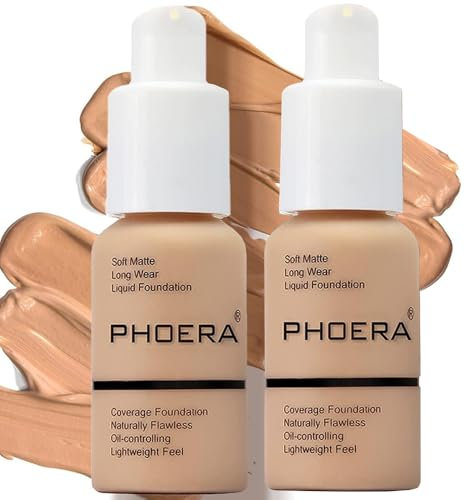 Glamza Phoera Fond de Teint Couvrance Totale - 24h Tenue Longue Contrôle de l'Huile - Crème Correctrice Matte Douce et Lisse - x2 30ml Fond de Teint & Éponge Blender en Silicone - 104 Buff Beige