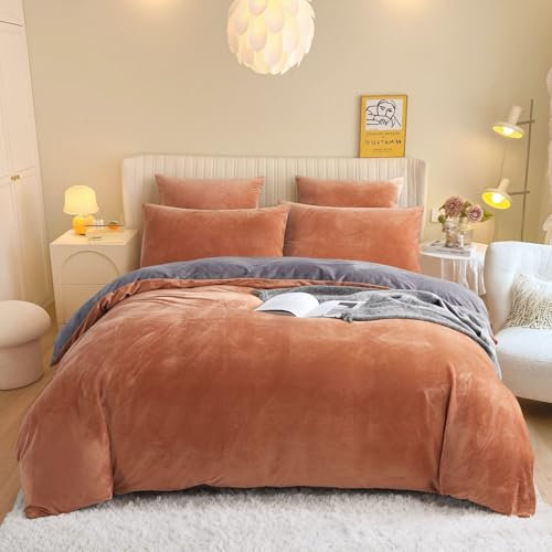 Freyamy Winter Flauschige Coral Fleece Bettwäsche 135x200cm 4Teilig Karamell Grau Flanell Warme Winterbettwäsche Samt Biber Cashmere Touch Wendebettwäsche mit 2 Bettbezug und 2 Kissenbezug 80x80cm