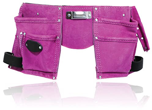 SPARES2GO Ceinture porte-outils de jardinage rose double cuir 11 poches support violet réglable daim