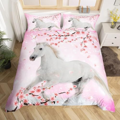 Housse de Couette 200x200 Cheval Pour Garçons Filles Femmes Housse Couette Fleur de Cerisier Rose,Ensemble de Literie Romantique Parure de Lit Cheval Animal Sauvage Fleurs Décor Farmhouse Literie