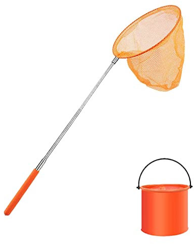 1 Pack Kids Telescopic Butterfly Net Fishing Net Pond Net Extendable (14.5 to 33.8 Inches) With 1 Pack Folding Bucketfor Kids Catching Bugs Insect Small Fish Outdoor Beach Garden Activities (Orange)
