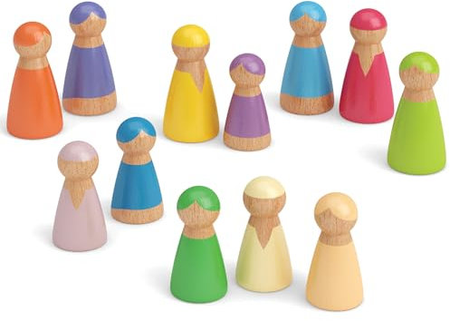 Merle Toys® Regenbogen Holzfiguren Kinder, Waldorf Spielzeug ab 2 Jahren, Waldorfpuppen in 2 Größen, Holzmännchen aus 100% FSC zertifiziertem Holz, Set mit 12 farbenfrohen Aufstellungsfiguren