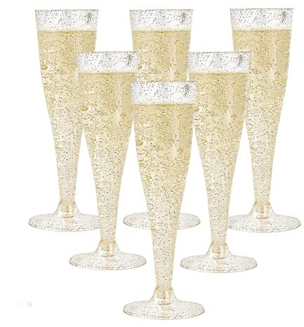 Alihoo Plastic Champagne Flutes, Pack of 20 Transparent Champagne Glasses, 150ml Capacity, Gold Glitter, Wedding & Party Accessories