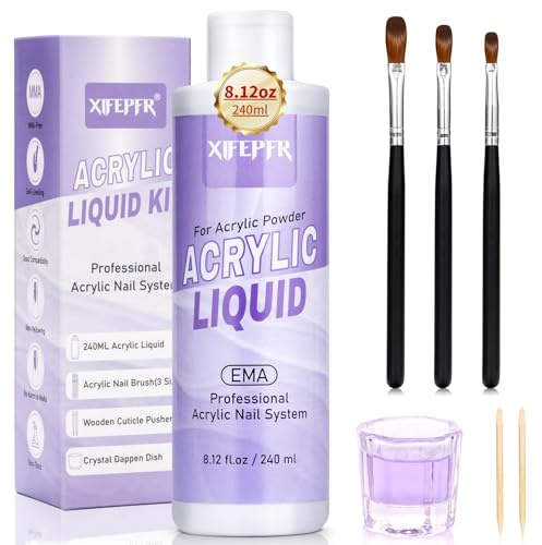XIFEPFR Monomer Liquide acrylique pour ongles – 240ml Liquide acrylique pour poudre acrylique avec 3 tailles de pinceaux acryliques, sans MMA, non jaunissant, pour extension et sculpture