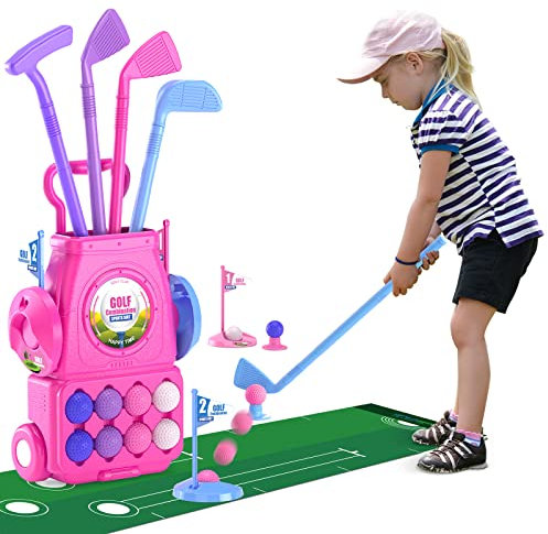 QDRAGON Kinder-Golfschläger, Kleinkind-Golf-Set mit 8 Bällen, Putting-Matte, 4 Golfschlägen, 2 Übungslöchern und Golfwagen mit Rädern, Indoor-Outdoor-Sportspielzeug, Geschenk für Mädchen ab 2 3 4 5