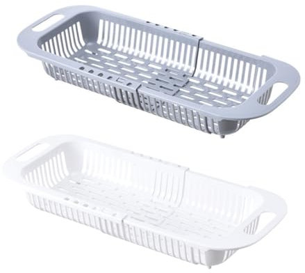 FENGZIZH Adjustable Dish Drainer Dish Rack Over The Sink,Drying Rack, Extendable Vegetable Fruit Washing Basket, Collapsible Strainer Basket,Plastics(Grey+White)