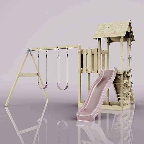Rebo Spielturm mit Wellenrutsche und Kinder-Schaukel (2X) | Outdoor Klettergerüst Garten mit Plattform | Kletterseil und Kletterleiter | Stabile Konstruktion