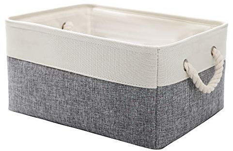 CREADARD Small Storage Box with Cotton Handles, Fabric Foldable Linen Canvas Wardrobe Storage Baskets for Living Room, Laundry Room, Kids Room and Bedroom (GreyWhite 1pcs)