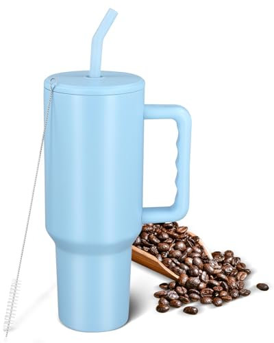 40oz Travel Cup with Straw, Stainless Steel Tumbler with Handle Large Vacuum Insulated Mug with Lid Leak Proof Travel Flask Water Bottle for Water Iced Tea Coffee Smoothie Hot Cold Drink(Light Blue)