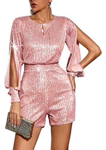 Onsoyours Damen Kurzer Jumpsuit mit Pailletten Overall Sexy Langarm Rundhals Bodysuit Playsuit Einteiler Pailletten Shorts Romper Outfit Kurzarm Strampler mit Glitzer A Roségold S