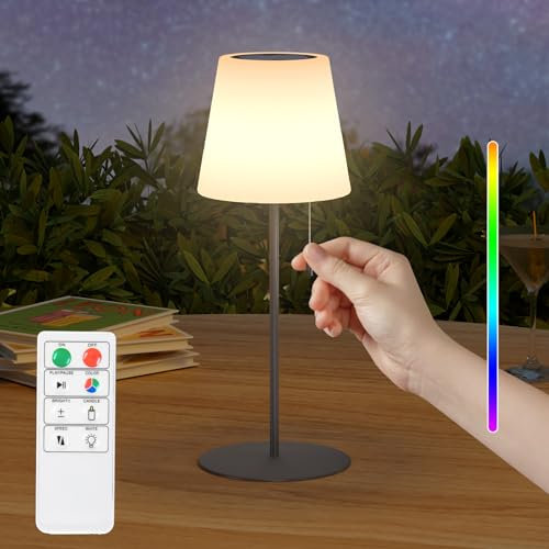 FUYO Outdoor Tischlampe Kabellos, 2in1 Aufladbar LED Solar Akku Tischleuchte mit Dimmbar WarmesWeiß & RGB Farben wasserfest outdoor Tischlampe für Außen Terrasse Garten Schlafzimmer (Grau)