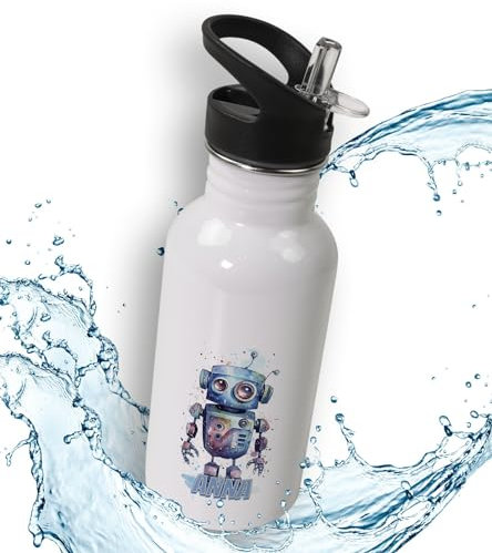 timalo® Trinkflasche für Kinder personalisiert mit Namen | auslaufsichere Edelstahl Sportflasche Kindergarten Schule Geschenk für Jungen und Mädchen 600mL | Roboter