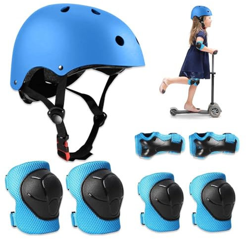 Riisoyu Knieschoner Kinder Set, Schützer Inliner Kinder Protektoren Set Schoner Knieschützer Inliner Kinder Schutzausrüstung Fahrradhelm Kinder Schonerset für Fahrrad Skateboard Scooter Motorrad, Blau