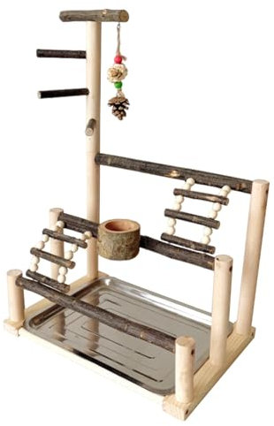 Vogelspielplatz - Große Sitzstange für Sittiche und Vögel - Sittichkäfig Zubehör mit Futterbechern, natürlicher Papageien-Spielständer Spielstation für Wellensittiche, Nymphensittiche