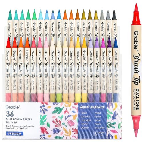 Grabie Lot de 72 marqueurs de peinture acrylique avec 36 pointes de pinceau bicolores, marqueurs à base d'eau à double pointe pour roches, marqueur de dessin acrylique pour fournitures artistiques