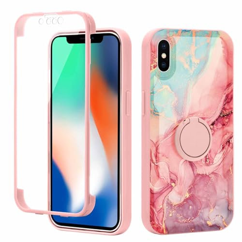 Yoedge Kickstand Phone Case for iPhone X/XS 5.8,360°Rotatable Magnetic Ring Holder Cases,Full Body Shockproof Silicone Back Cover with Built-in Screen Protector,Pink Marble Pattern for iPhone X