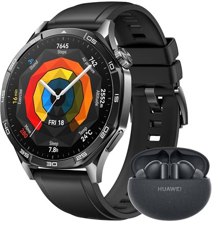 HUAWEI Watch GT 5 46 mm Smartwatch, Kunstvolles Design, Erweiterte Lauf- und Fahrradfunktionen, Gesundheitsmonitoring, Bis zu 14 Tage Akkulaufzeit, Kompatibel mit iOS & Android, Schwarz + FreeBuds 5i
