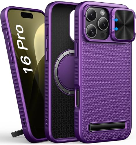 SIXBOX for iPhone 16 Pro Magnetic Case with Stand, Slim Fit Compatible with MagSafe, Slide Lens Cover, Military-Grade Protection, Rugged Silicone Men Women Phone Case for iPhone 16 Pro, Dark Purple