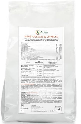 Concime fogliare 20 20 20 Mavè foglia 2 kg - fertilizzante 20.20.20 NPK per olivo, agrumi, orto, vite, piante - Nutrizione completa e crescita veloce