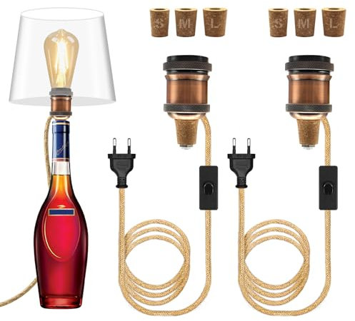 2PCS Kit Lampe Bouteille, Douille E27 avec 240CM Corde de Chanvre Câble, Support Lampe Bouteille, 3 Bouchons en Bois, Adaptateur Bouteille de Vin pour Douille de Lampe, Peut DIY Abat Jour, Rose