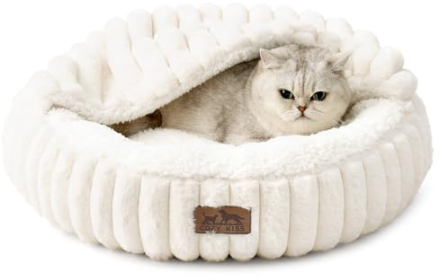 COZY KISS Lit Chat & Petit Chien avec Couverture 50cm, Panier Lavable Creme | Coussin-Canapé Rond Antidérapant,Oreiller Doux Soutien Tête, Anti-Anxiété, Repose-Tête Fausse Fourrure Luxueuse, 15cm H Creme