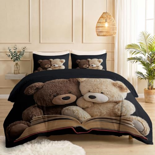 3D Bettwäsche Set mit Teddy Bär Motiv, Bettbezug 135x200 cm mit 2 Kissenbezügen 80x80 cm, Microfaser mit Reißverschluss, Schwarz, für Kinder und Erwachsene