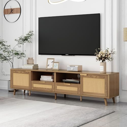 TV Console Table, Up To 90 Inches TV, TV Cabinet With Plastic Rattan Design, TV Cabinet With Solid Wooden Feet, Braided Rattan TV Boards