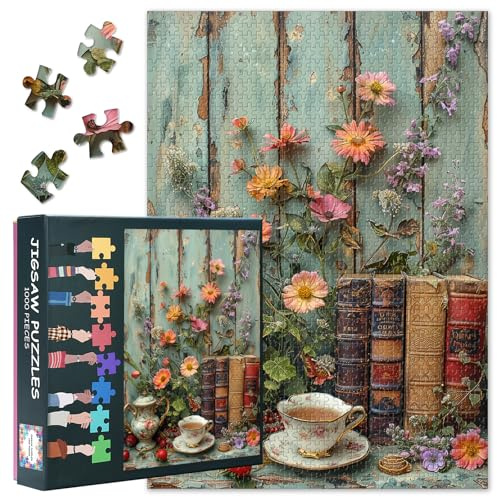 Vintage Jigsaw Puzzles for Adults 1000 Pieces, Cup of Tea with Books and Flowers on Old Wooden Background Puzzle, Impossible Jigsaw Puzzles for Adults, 19.5 x 27.5 Inch