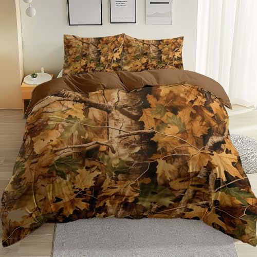 Bettbezug 135 x 200 cm mit Reißverschluss 3Teilig Weiche Bettwäsche Camo Bäume Blätter Bettwäsche Doppelseitig Atmungsaktive Weiche Bequemer Bettbezug Mit Braun